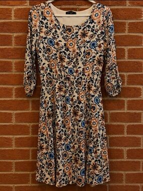 Mikarose White Midi Dress with Blue & Tan Floral Print